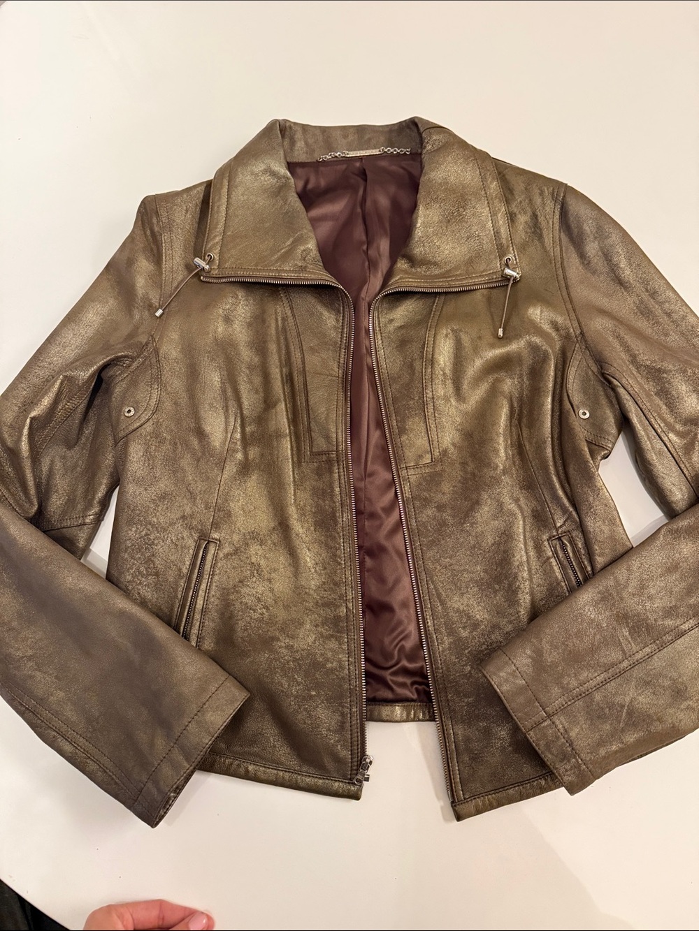 Elie Tahari Metallic Bronze Leather Zip Jacket